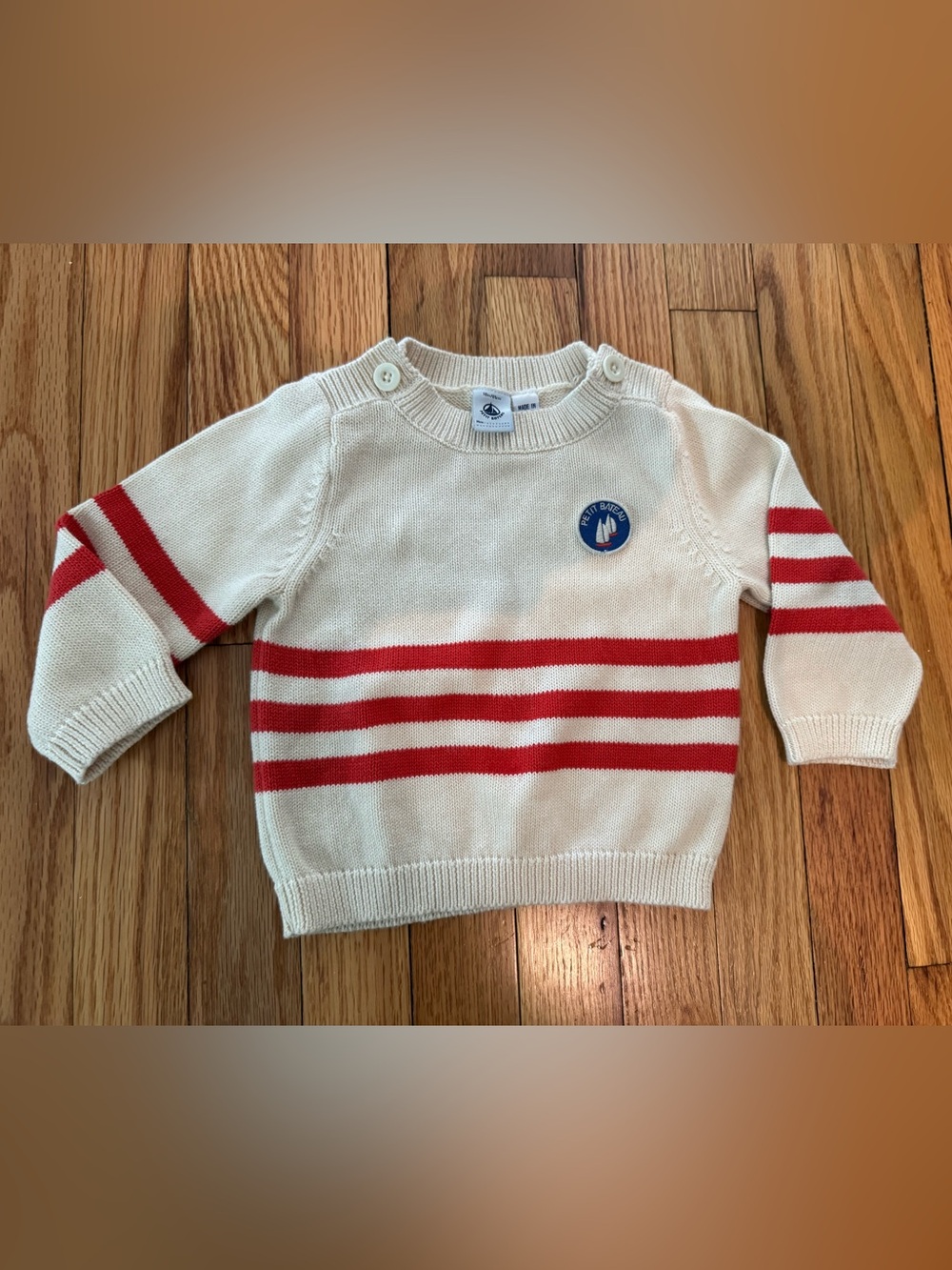 Petit Bateau Cream red striped sweater with Shoulder Button July 4th theme